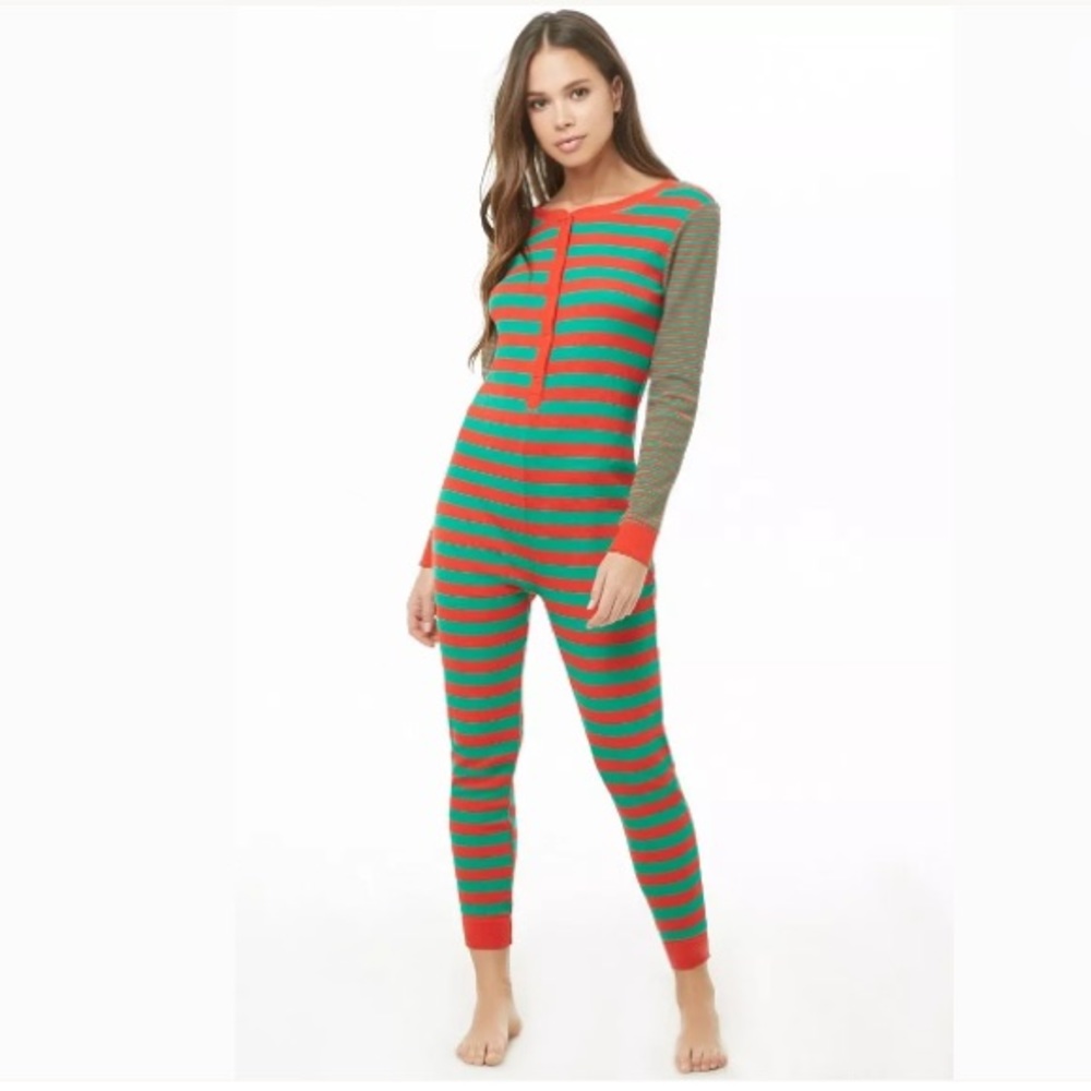 Women’s onesie one piece striped thermal pajama PJ - Picture 2 of 5